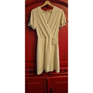 Monteau Los Angeles Size Small Rayon Linen Blend Faux Wrap Dress Ivory Tan EUC